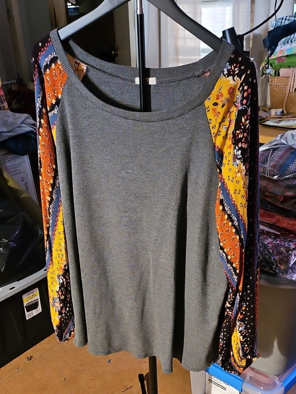 Gray Waffle Knit Long Sleeve Top with Yellow & Orange Patterned Raglan Sleeves